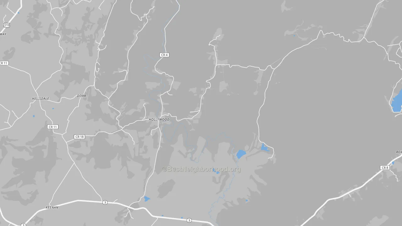 Walk Grade map of Hollywood, WV, walkable areas in green and car-dependent areas in red
