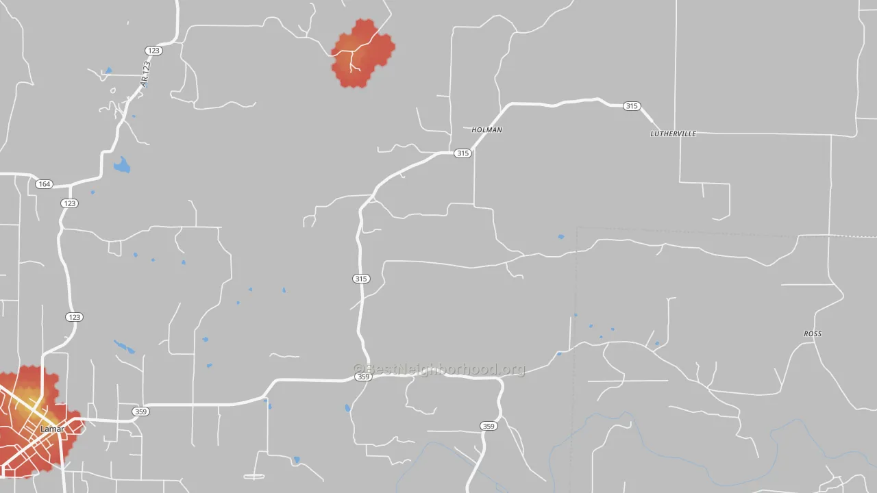 Walk Grade map of Holman, AR, walkable areas in green and car-dependent areas in red