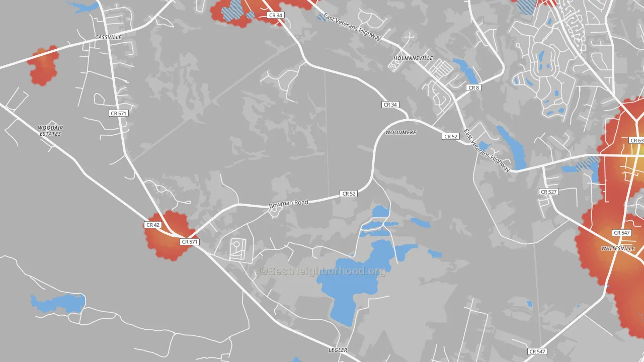 Walk Grade map of Holmansville, NJ, walkable areas in green and car-dependent areas in red