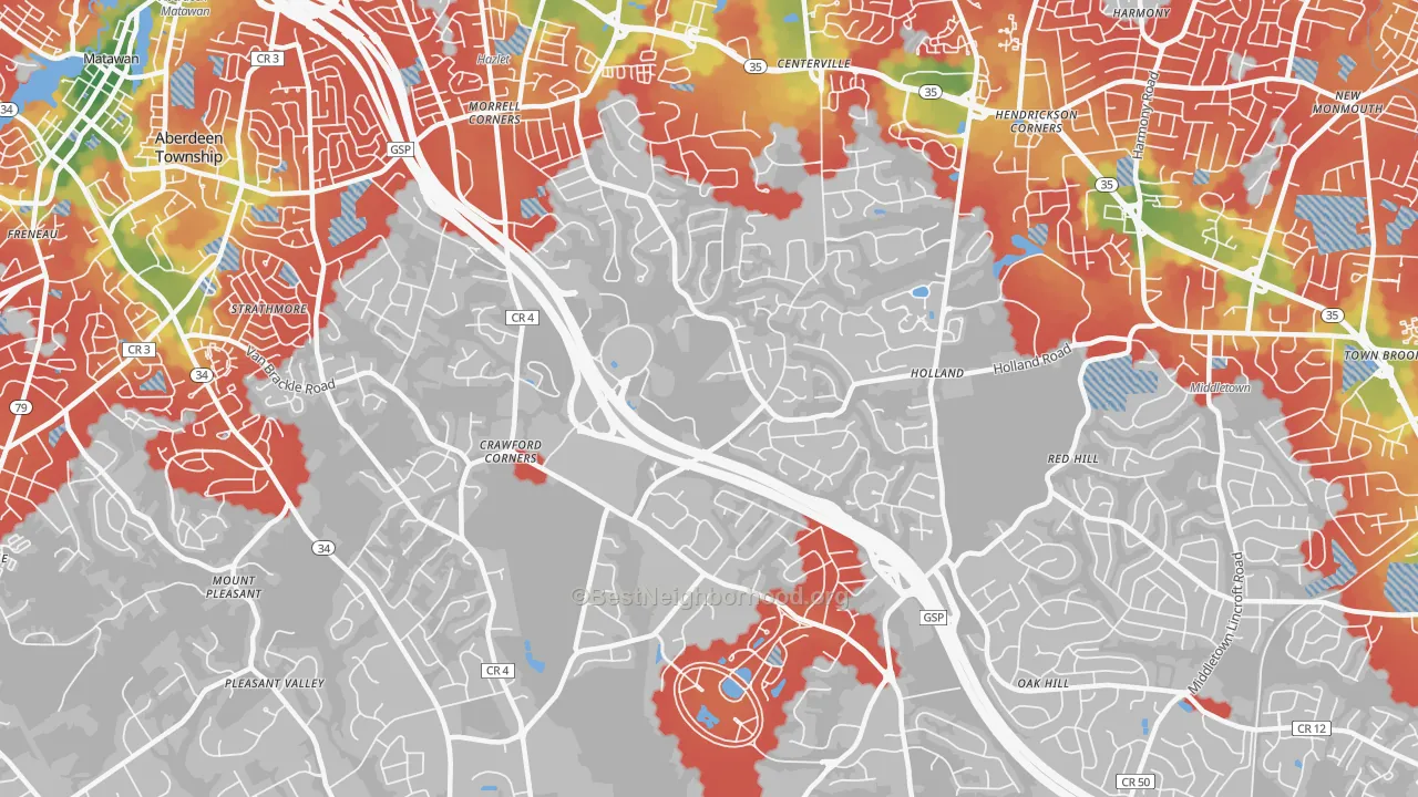 Walk Grade map of Holmdel, NJ, walkable areas in green and car-dependent areas in red