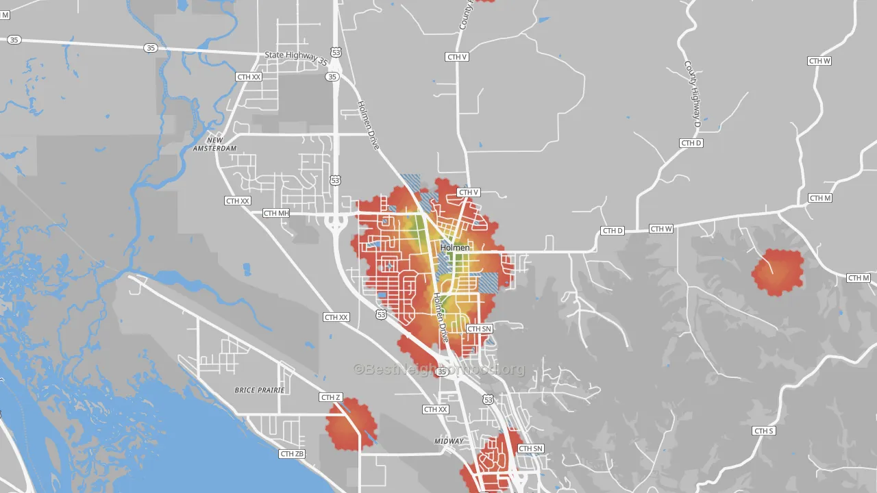 Walk Grade map of Holmen, WI, walkable areas in green and car-dependent areas in red