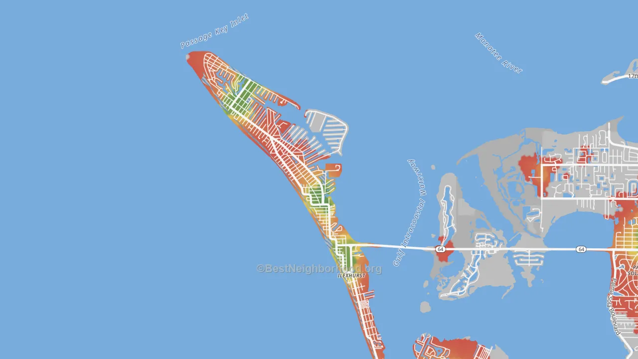 Walk Grade map of Holmes Beach, FL, walkable areas in green and car-dependent areas in red