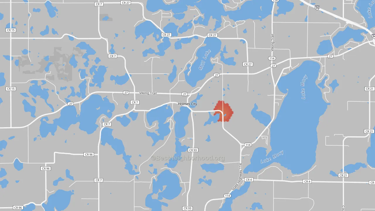 Walk Grade map of Holmes City, MN, walkable areas in green and car-dependent areas in red