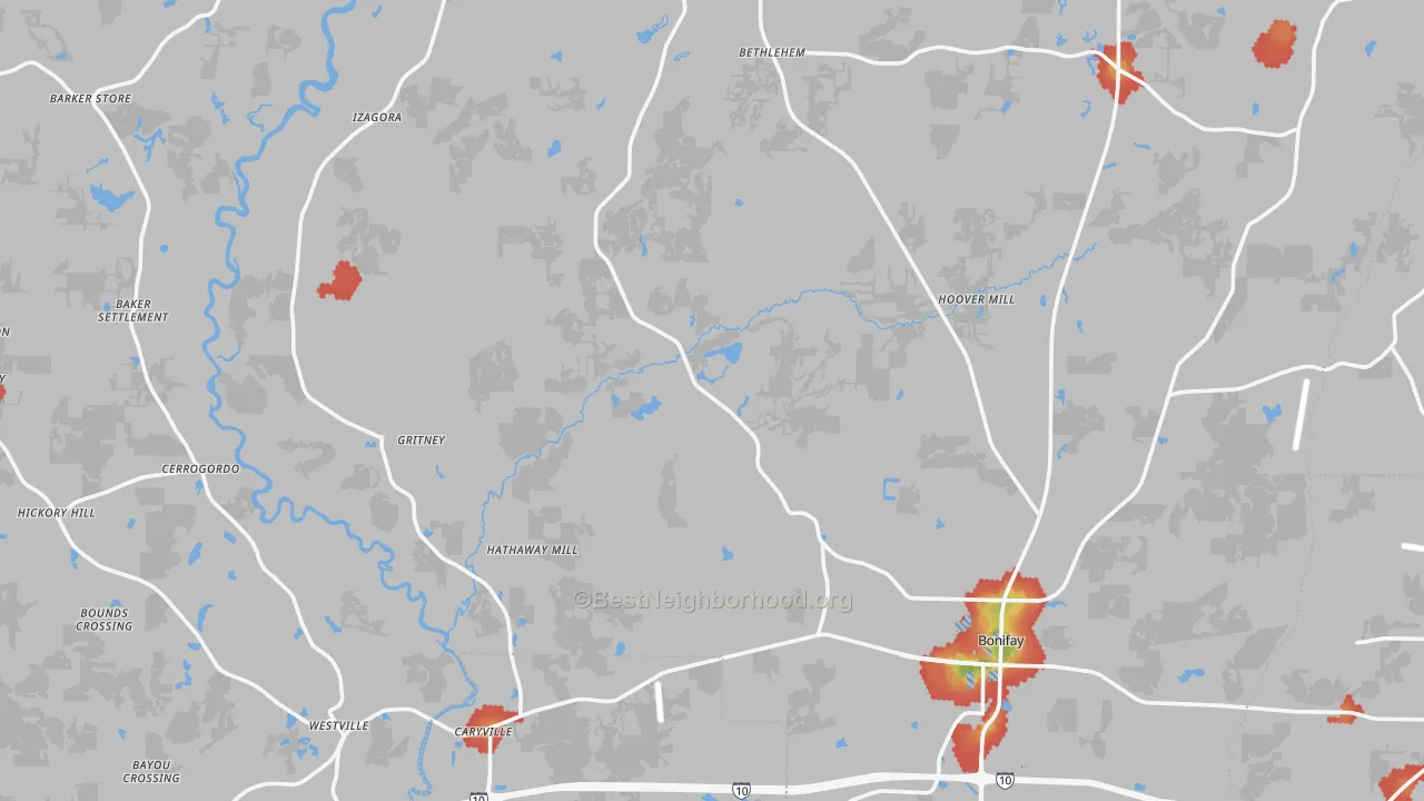 Walk Grade map of Holmes County, FL, walkable areas in green and car-dependent areas in red
