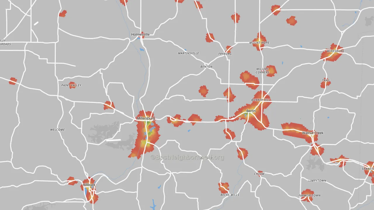Walk Grade map of Holmes County, OH, walkable areas in green and car-dependent areas in red