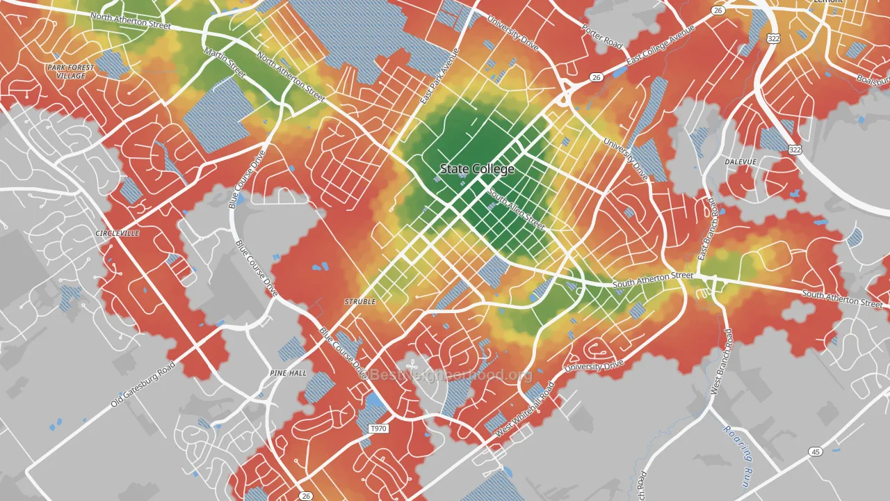 Walk Grade map of Holmes-Foster Historic District, State College, PA, walkable areas in green and car-dependent areas in red
