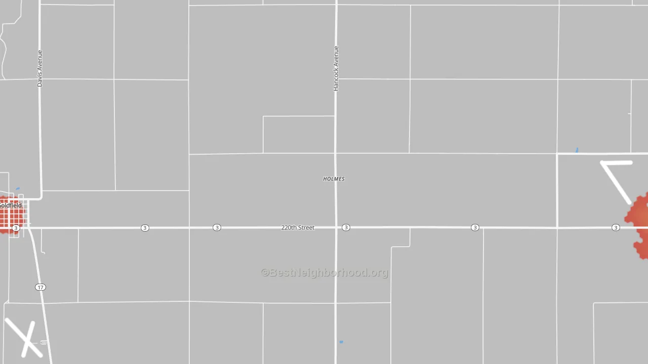 Walk Grade map of Holmes, IA, walkable areas in green and car-dependent areas in red
