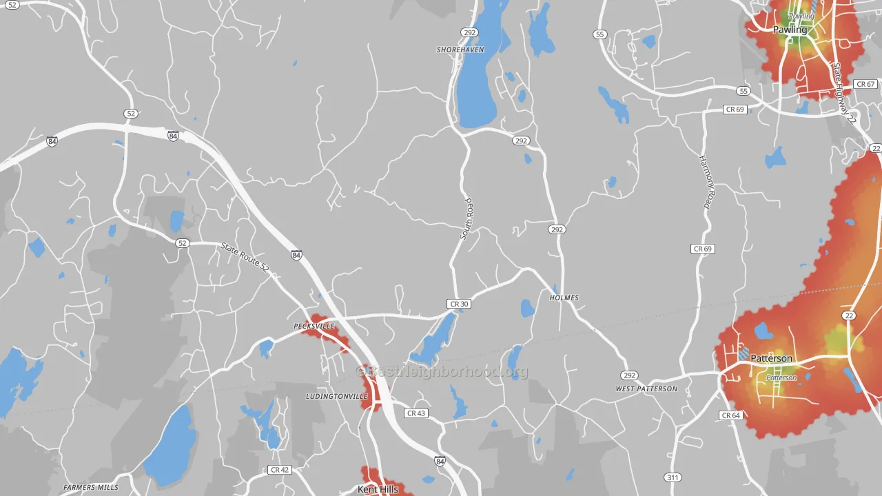 Walk Grade map of Holmes, NY, walkable areas in green and car-dependent areas in red