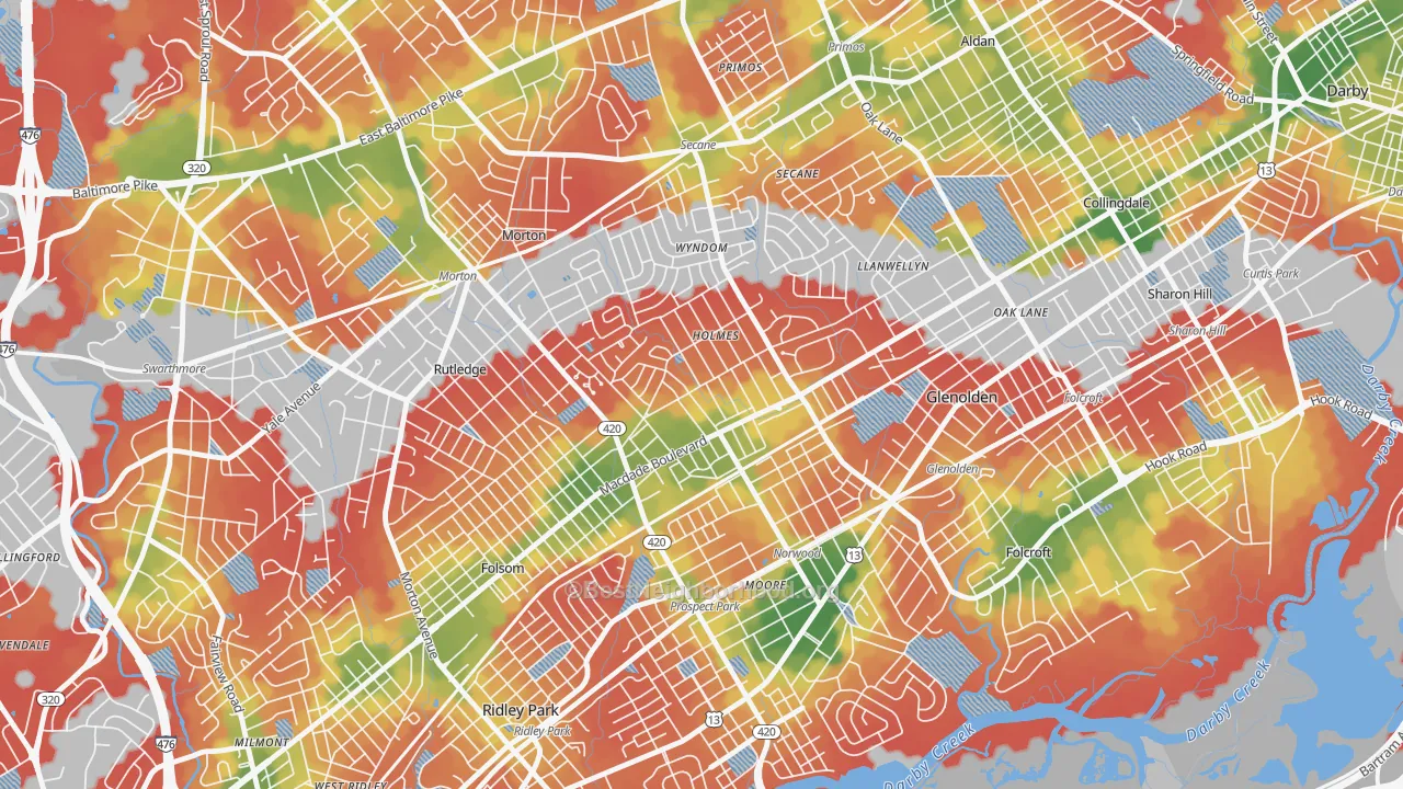Walk Grade map of Holmes, PA, walkable areas in green and car-dependent areas in red