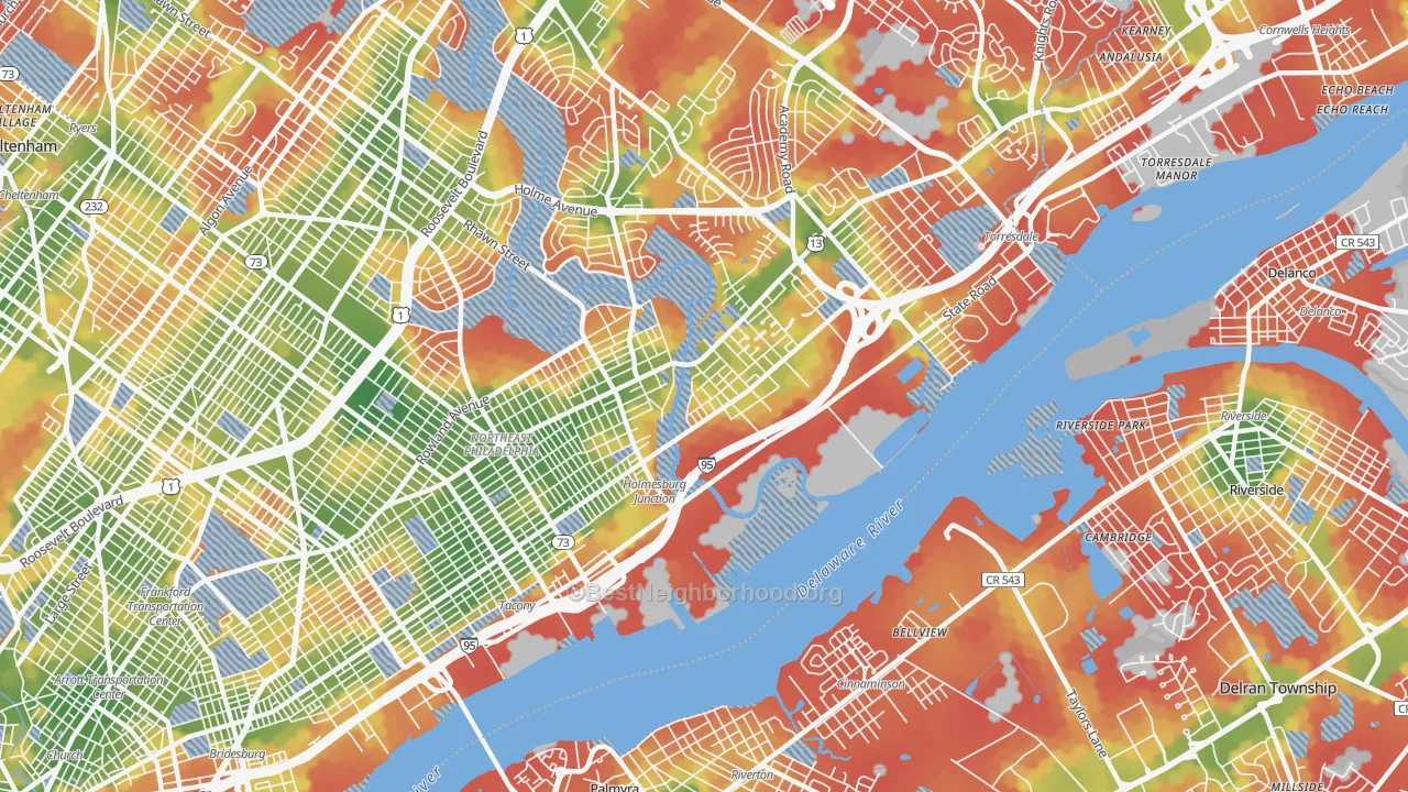 Walk Grade map of Holmesburg, Philadelphia, PA, walkable areas in green and car-dependent areas in red
