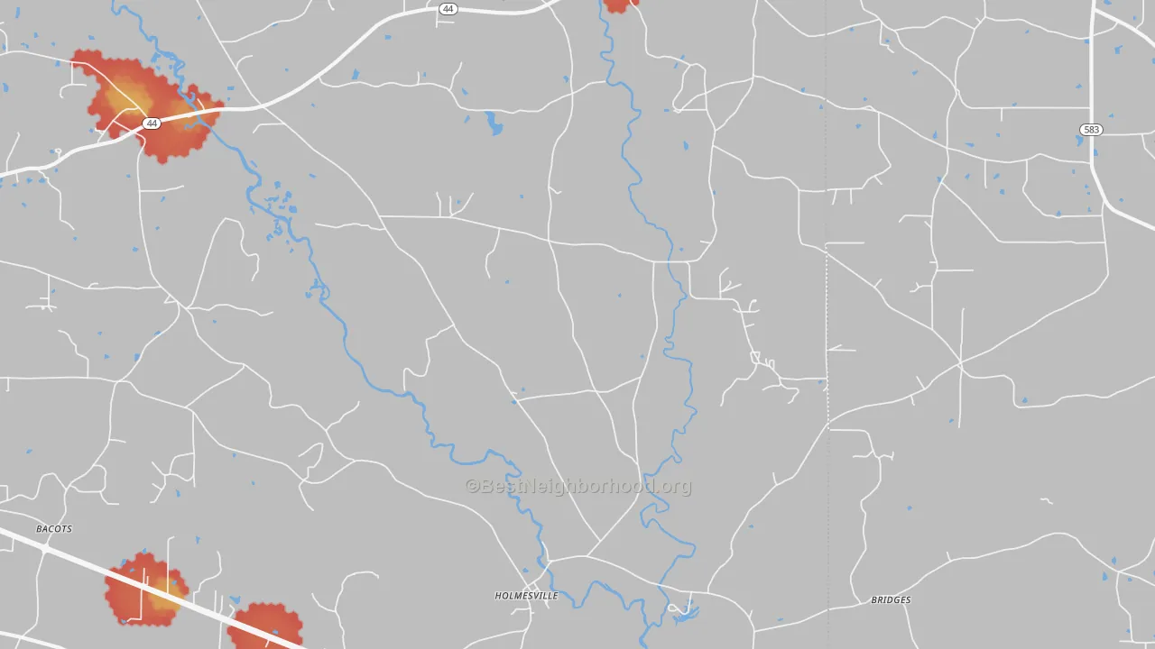 Walk Grade map of Holmesville, MS, walkable areas in green and car-dependent areas in red