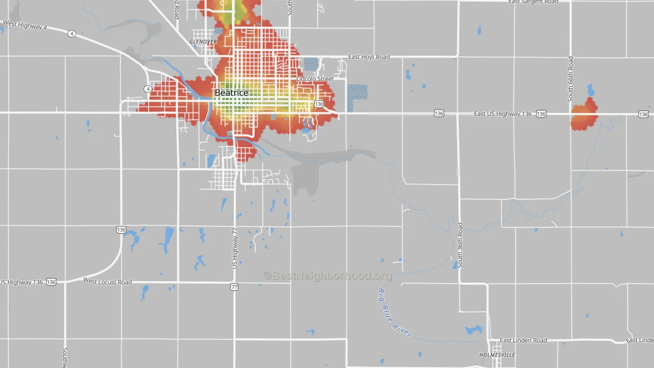 Walk Grade map of Holmesville, NE, walkable areas in green and car-dependent areas in red