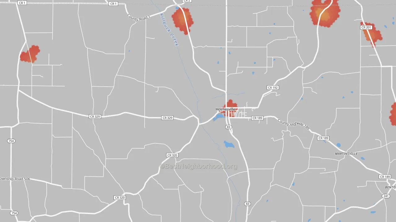 Walk Grade map of Holmesville, OH, walkable areas in green and car-dependent areas in red