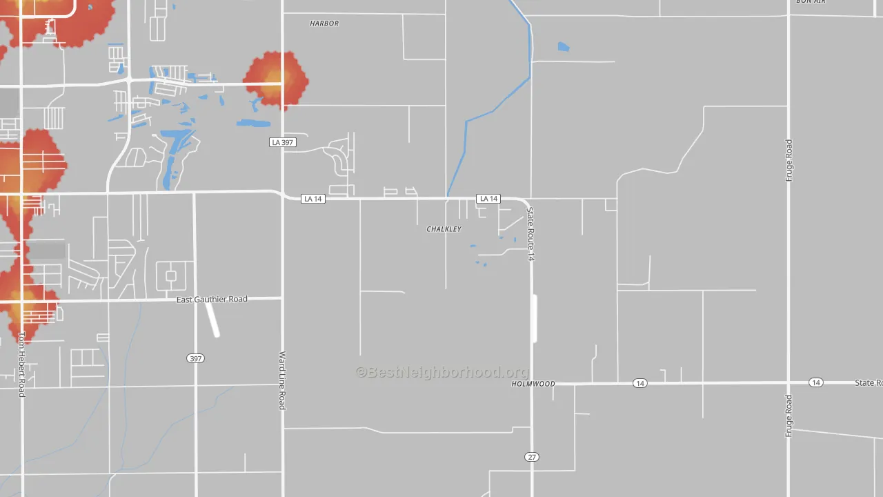 Walk Grade map of Holmwood, LA, walkable areas in green and car-dependent areas in red