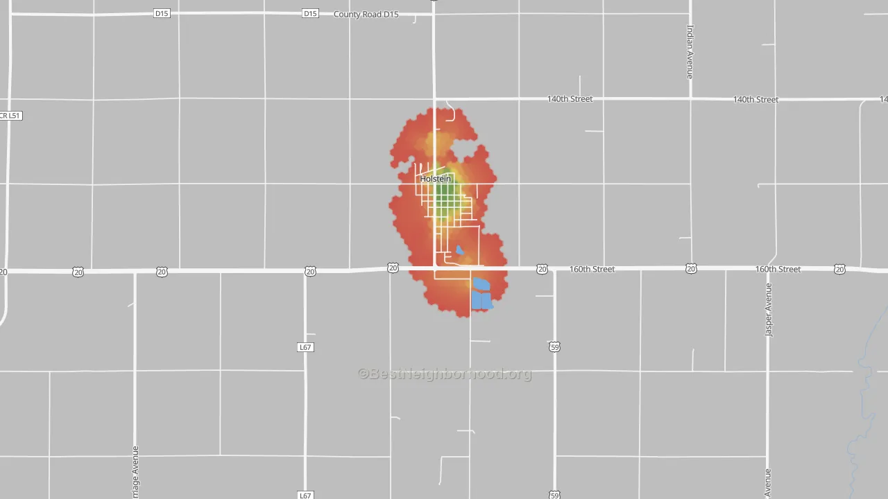 Walk Grade map of Holstein, IA, walkable areas in green and car-dependent areas in red