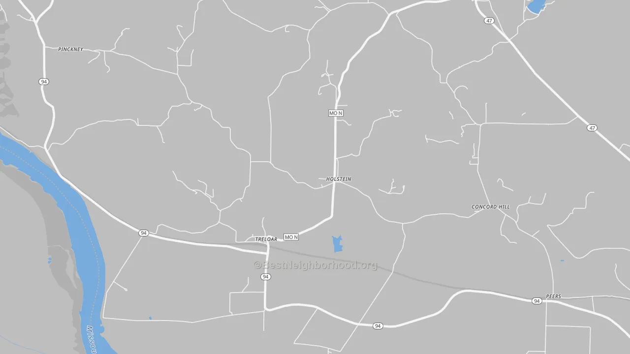 Walk Grade map of Holstein, MO, walkable areas in green and car-dependent areas in red