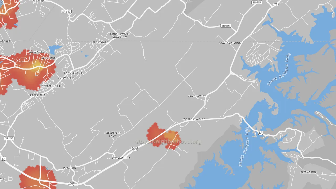 Walk Grade map of Holston Valley, TN, walkable areas in green and car-dependent areas in red