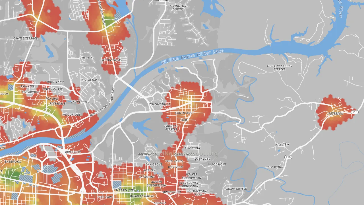 Walk Grade map of Holt, AL, walkable areas in green and car-dependent areas in red