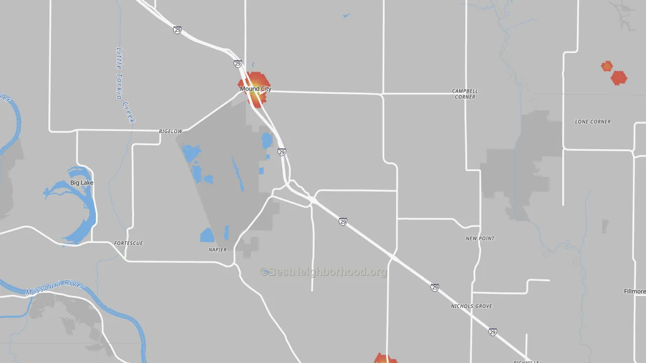 Walk Grade map of Holt County, MO, walkable areas in green and car-dependent areas in red