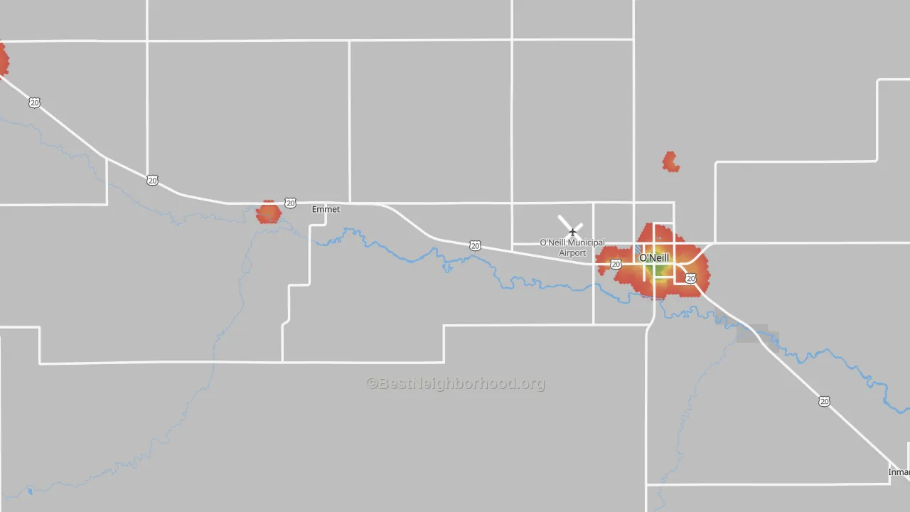 Walk Grade map of Holt County, NE, walkable areas in green and car-dependent areas in red