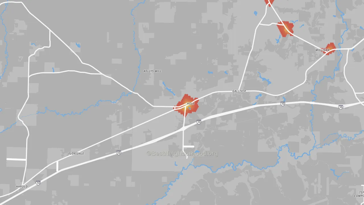 Walk Grade map of Holt, FL, walkable areas in green and car-dependent areas in red