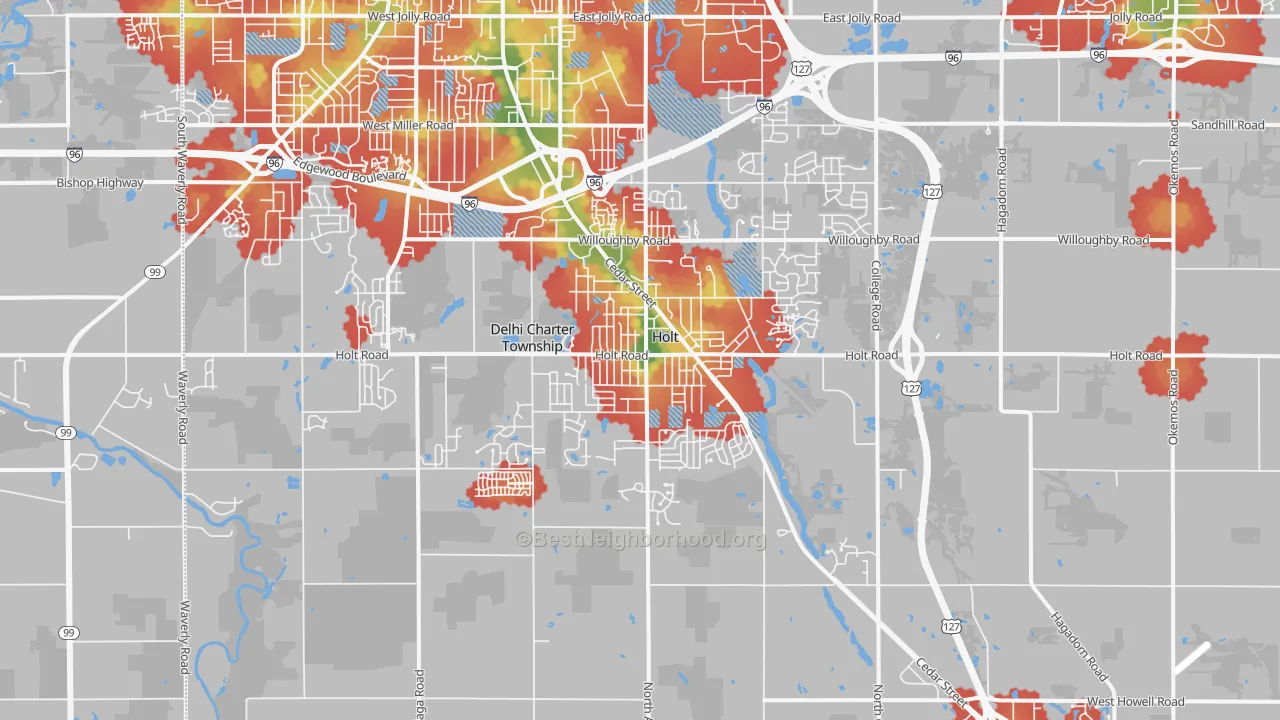 Walk Grade map of Holt, MI, walkable areas in green and car-dependent areas in red
