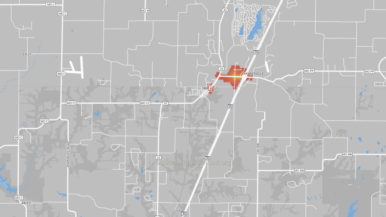 Walk Grade map of Holt, MO, walkable areas in green and car-dependent areas in red