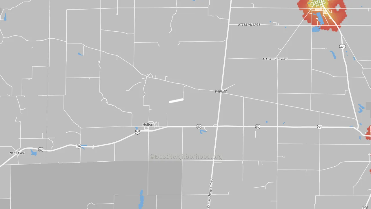 Walk Grade map of Holton, IN, walkable areas in green and car-dependent areas in red