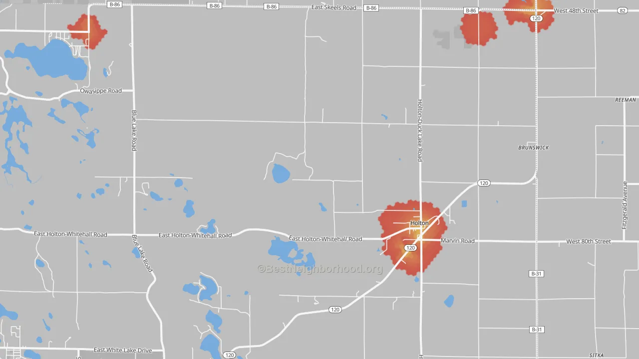 Walk Grade map of Holton, MI, walkable areas in green and car-dependent areas in red