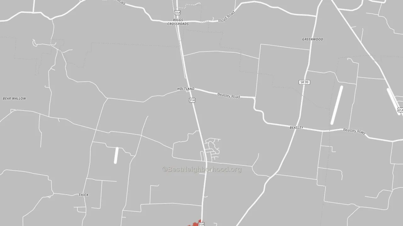Walk Grade map of Holts Corner, TN, walkable areas in green and car-dependent areas in red