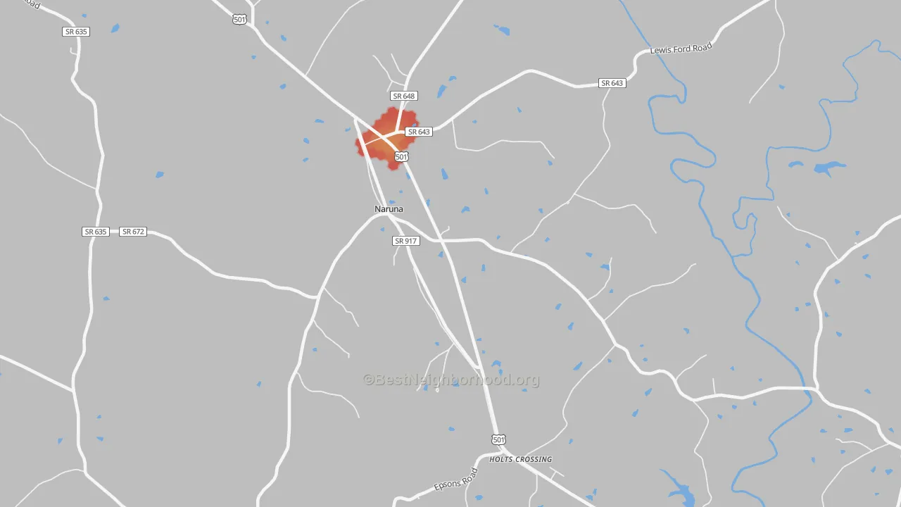 Walk Grade map of Holts Crossing, VA, walkable areas in green and car-dependent areas in red