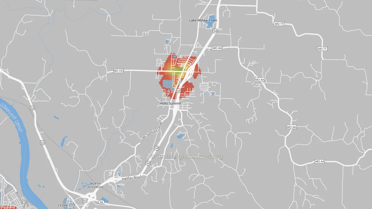 Walk Grade map of Holts Summit, MO, walkable areas in green and car-dependent areas in red