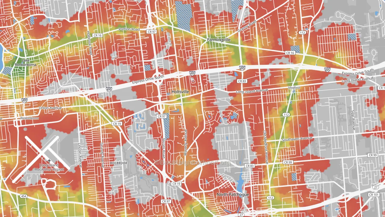 Walk Grade map of Holtsville, NY, walkable areas in green and car-dependent areas in red
