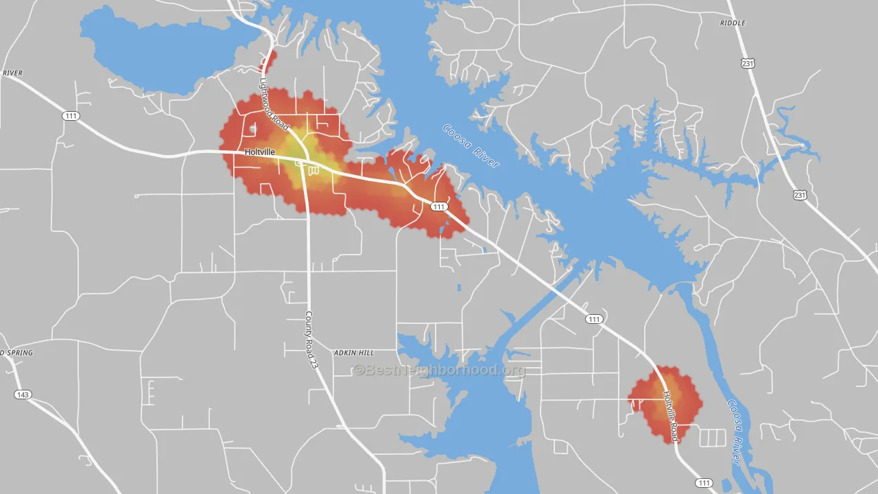 Walk Grade map of Holtville, AL, walkable areas in green and car-dependent areas in red