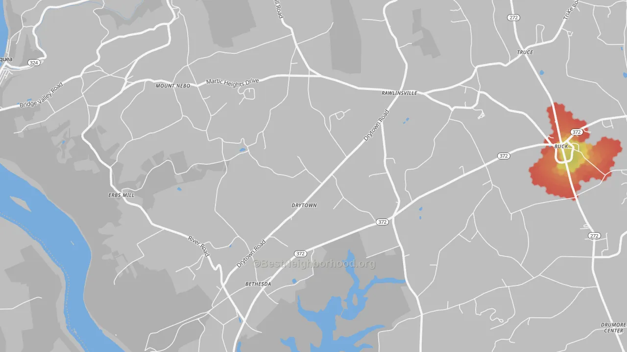 Walk Grade map of Holtwood, PA, walkable areas in green and car-dependent areas in red