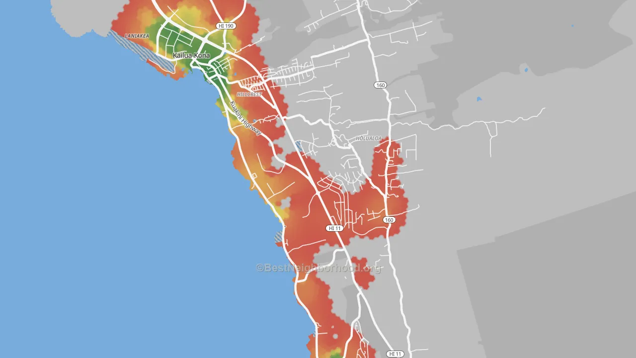 Walk Grade map of Holualoa, HI, walkable areas in green and car-dependent areas in red