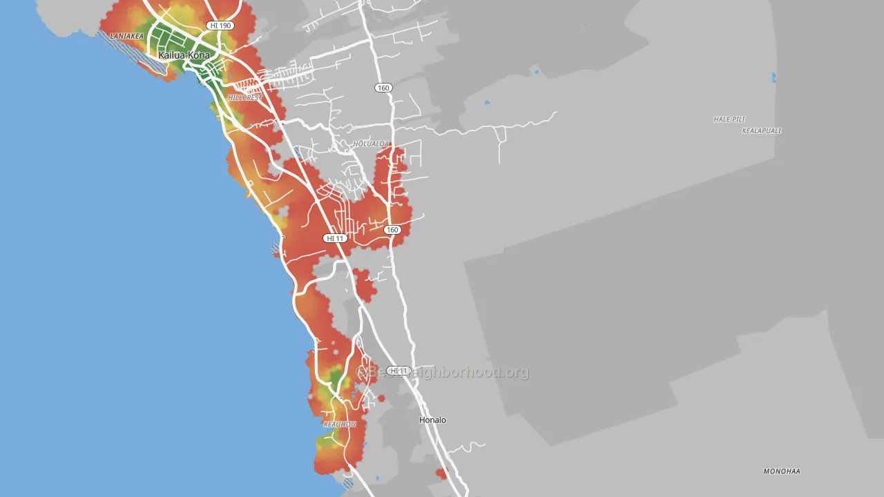 Walk Grade map of Holualoa, Kailua-Kona, HI, walkable areas in green and car-dependent areas in red