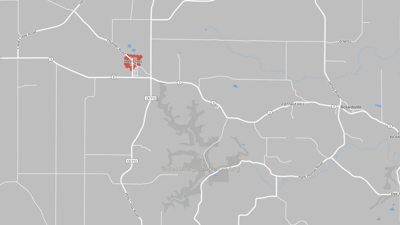 Walk Grade map of Holy Cross, IA, walkable areas in green and car-dependent areas in red