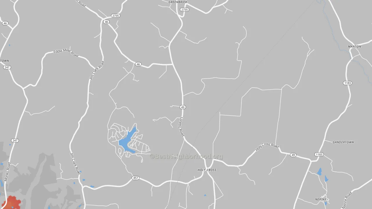Walk Grade map of Holy Cross, KY, walkable areas in green and car-dependent areas in red