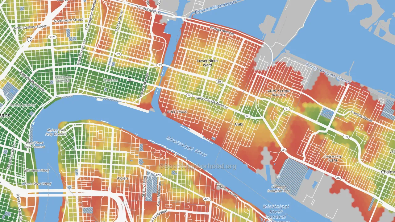 Walk Grade map of Holy Cross, New Orleans, LA, walkable areas in green and car-dependent areas in red