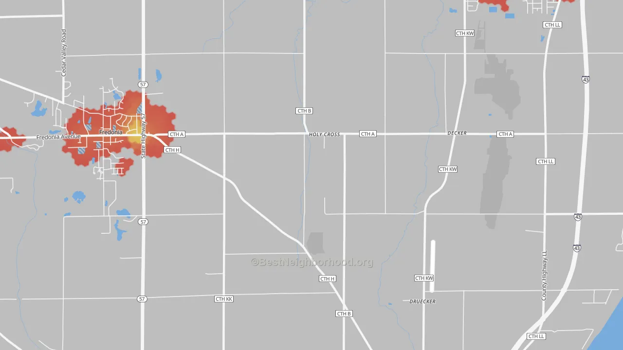 Walk Grade map of Holy Cross, WI, walkable areas in green and car-dependent areas in red