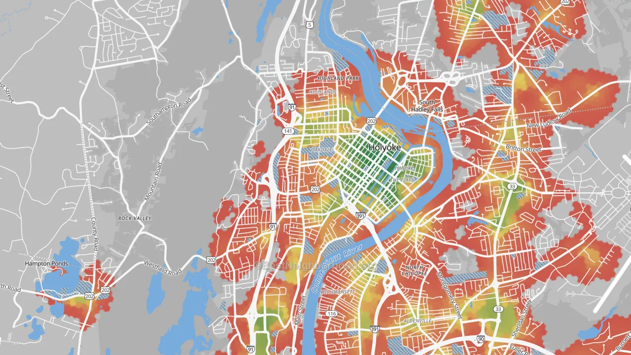 Walk Grade map of Holyoke, MA, walkable areas in green and car-dependent areas in red