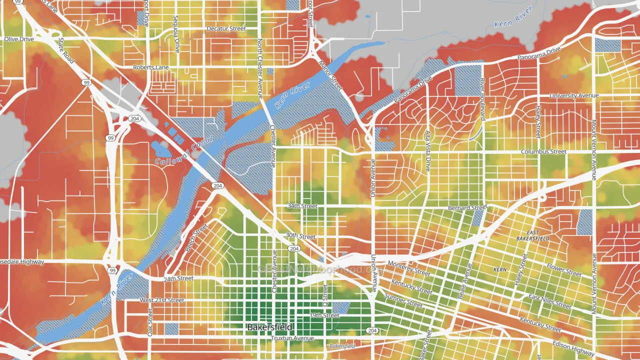 Walk Grade map of Homaker Park, Bakersfield, CA, walkable areas in green and car-dependent areas in red