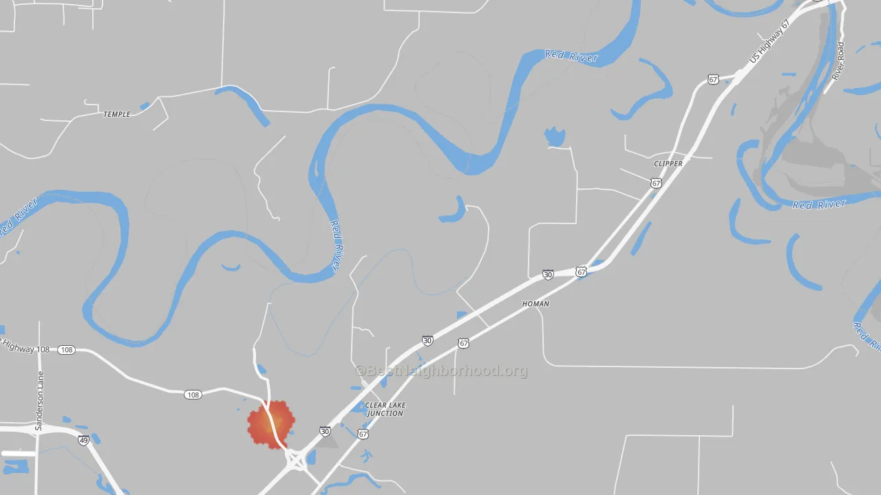 Walk Grade map of Homan, AR, walkable areas in green and car-dependent areas in red