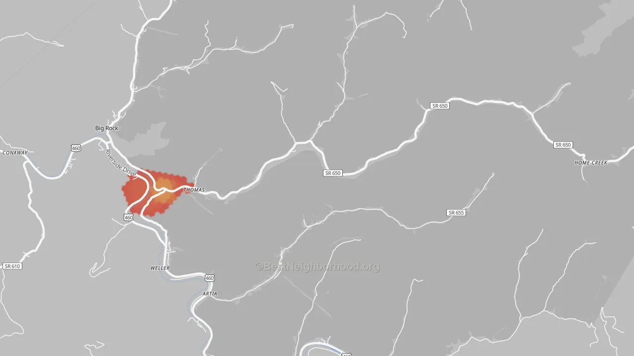 Walk Grade map of Home Creek, VA, walkable areas in green and car-dependent areas in red