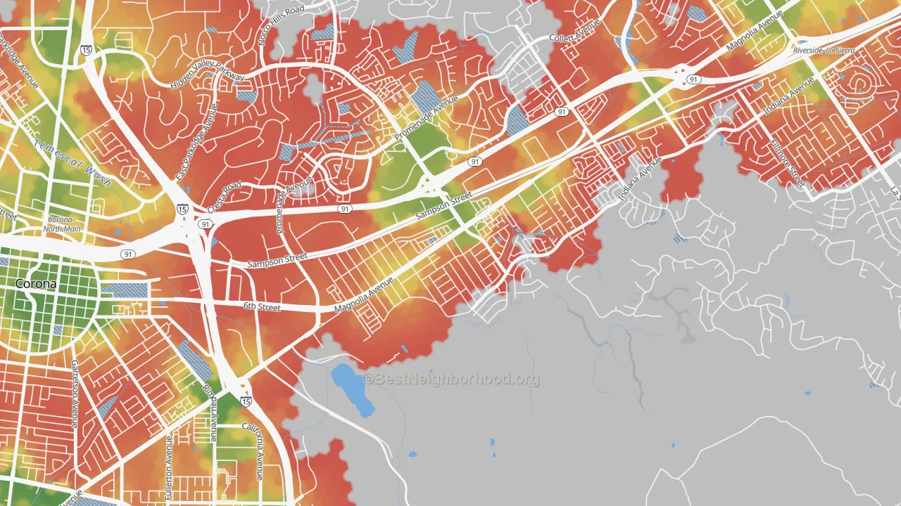 Walk Grade map of Home Gardens, Corona, CA, walkable areas in green and car-dependent areas in red