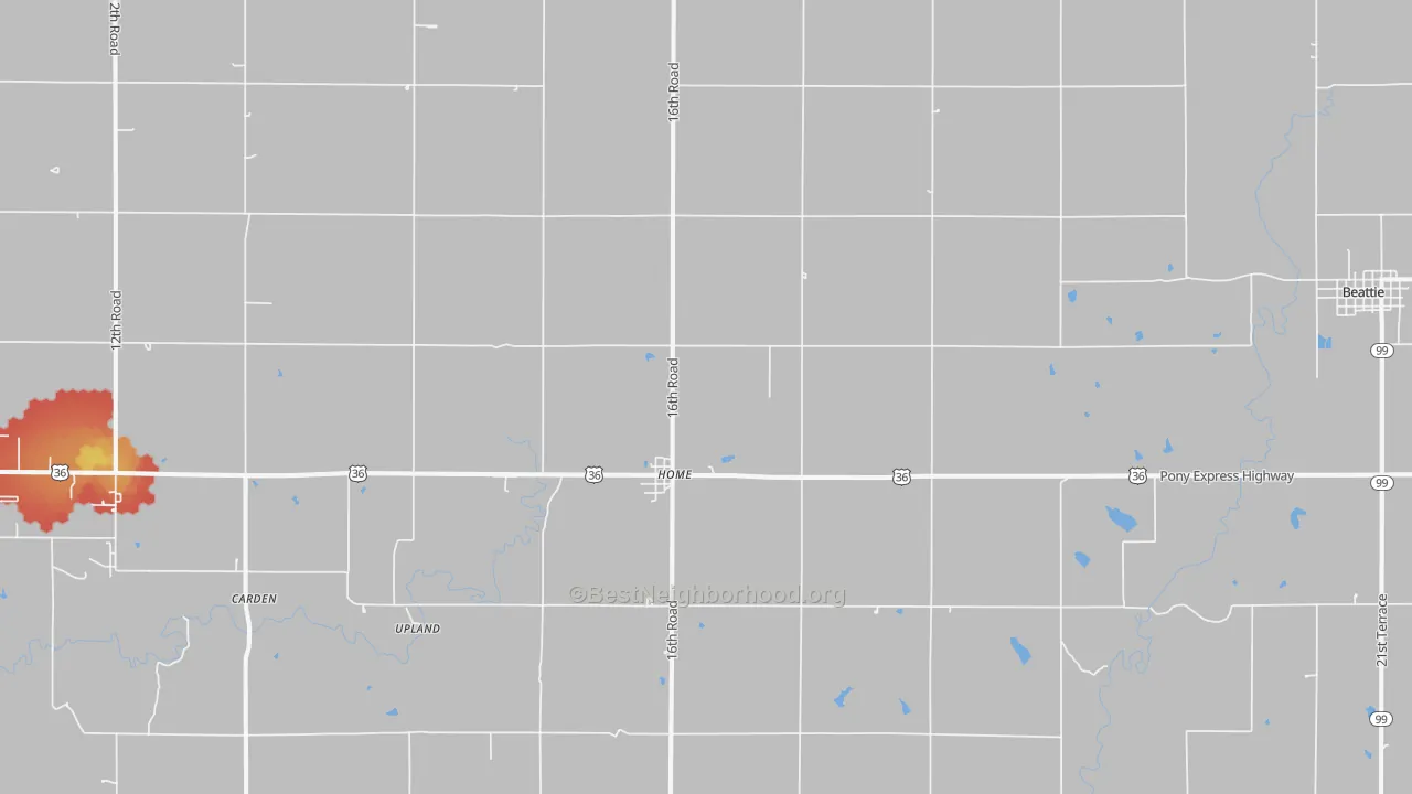Walk Grade map of Home, KS, walkable areas in green and car-dependent areas in red