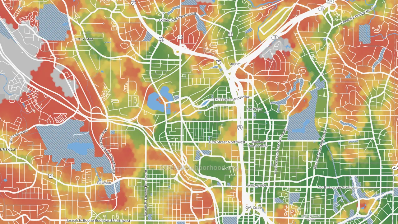 Walk Grade map of Home Park, Atlanta, GA, walkable areas in green and car-dependent areas in red