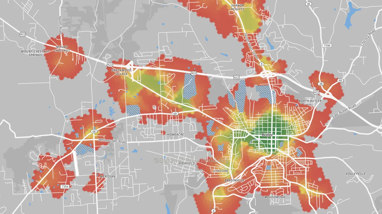 Walk Grade map of Homeacre-Lyndora, PA, walkable areas in green and car-dependent areas in red