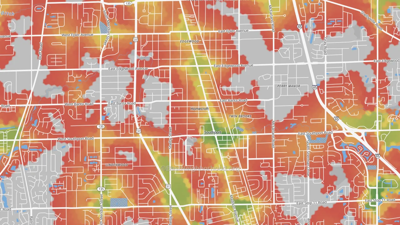 Walk Grade map of Homecroft, IN, walkable areas in green and car-dependent areas in red